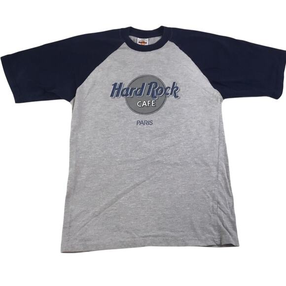 Hard Rock Cafe Paris Ringer Tee Gray Blue Vintage Logo Med - Picture 1 of 4